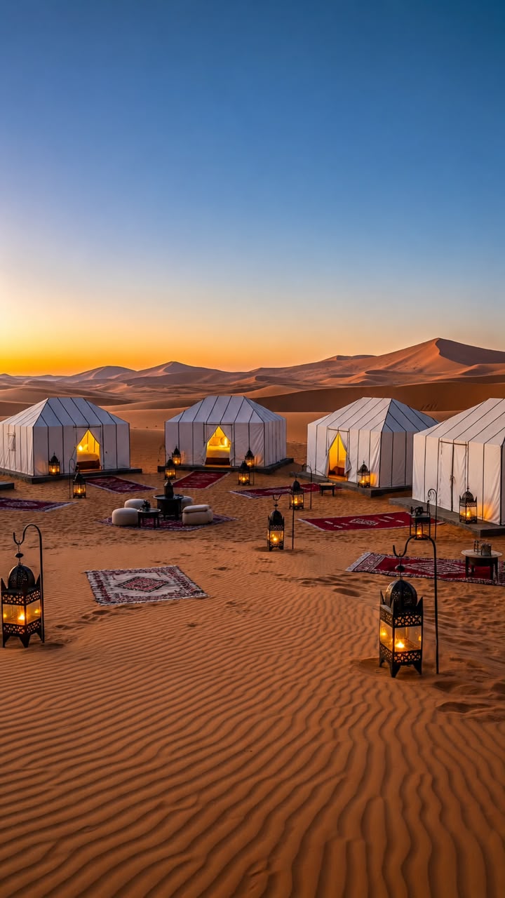 Campo nel Sahara per una notte in cammello nel deserto di Merzouga
